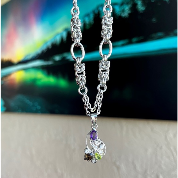 Handmade maille links stainless steel chains + sterling silver amethyst peridot - Picture 6 of 16